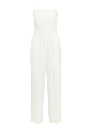 White strapless jumpsuit with a fitted bodice, pleated front, wide-leg design, and a concealed zipper closure at the back. Smooth texture.