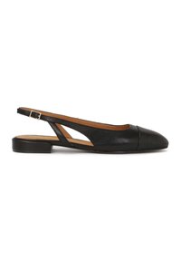Black leather slingback shoe with a pointed toe, flat heel, and cutout side design. Features an adjustable strap and smooth texture.