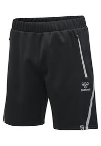 Black athletic shorts made of smooth, lightweight fabric. Feature an elastic waistband, side zipper pocket, and a white logo and trim.