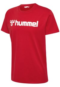 R�ød bomulds T-shirt med en hvid "hummel"-logo over brystet. Korte ærmer og klassisk rund halsudskæring. Blød tekstur, standard pasform.