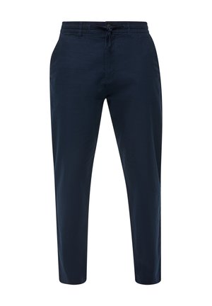 Navyblauwe broek met een relaxte pasvorm, trekkoorden in de taille en taps toelopende benen. Gemaakt van lichte stof met een subtiele textuur en zonder patronen.
