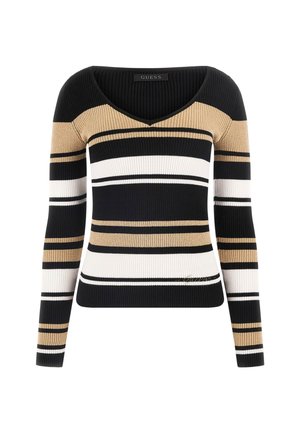 Ribbed knit sweater with a deep V-neck, featuring vertical stripes in black, white, and beige. Long sleeves with rounded hem.