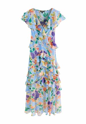 Lyseblå blomsterkjole med flæselag, korte ærmer, V-udskæring og farverige lilla, orange og grønne blomsterprint.