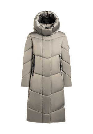 Luchtig beige lange jas met een hoge kraag, voorzien van chevronstiksels en zwarte zakken met rits. Gladde, glanzende afwerking.