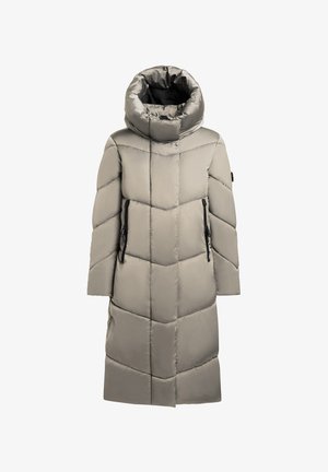 Luchtig beige lange jas met een hoge kraag, voorzien van chevronstiksels en zwarte zakken met rits. Gladde, glanzende afwerking.