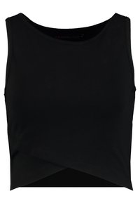 Svart crop top i mjukt material, med rundad halsringning och en tvinnad frontdesign för en säker passform.