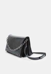 Black faux leather handbag with a textured surface, silver chain strap, and studded detailing along the bottom edge.