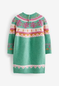 Pull vert tricoté avec un col rond, présentant des motifs multicolores de flocons de neige, triangles et formes géométriques. Fermeture au dos par boutons.