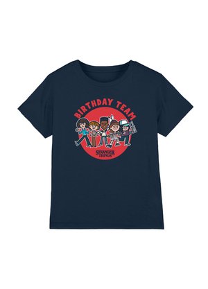 Navy blue cotton t-shirt with a round red graphic featuring cartoon characters and the text "BIRTHDAY TEAM" from Stranger Things.