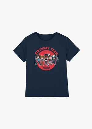 Navy blue cotton t-shirt with a round red graphic featuring cartoon characters and the text "BIRTHDAY TEAM" from Stranger Things.