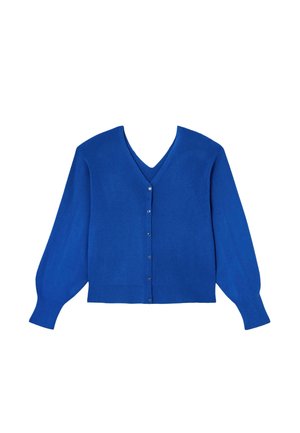 Cardigan bleu boutonné avec manches longues légèrement bouffantes et col en V, présenté à plat sur fond blanc.