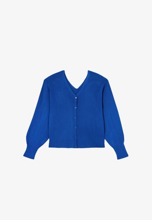 Cardigan bleu boutonné avec manches longues légèrement bouffantes et col en V, présenté à plat sur fond blanc.