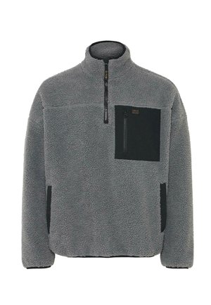 Fleece pullover in lichtgrijs met een gestructureerde stof, kwart-rits sluiting en zwarte zakaccenten op de borst en zijkanten.