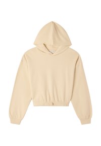 Hoodie cropped beige realizzato in tessuto morbido, con cappuccio regolabile, vita elastica e maniche lunghe e affusolate.