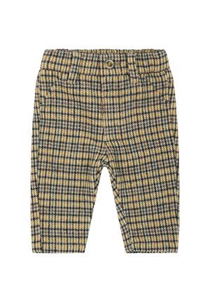 Bukser i størrelse til småbørn med gul, sort og hvid hundetandmønster, knap foran, bæltestropper og sidelommer.