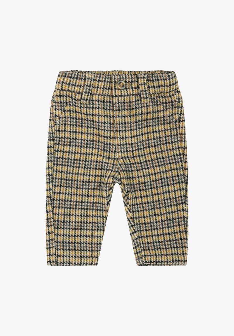 Pantalon taille petit enfant avec motif pied-de-poule jaune, noir et blanc, bouton devant, passants pour ceinture et poches latérales.