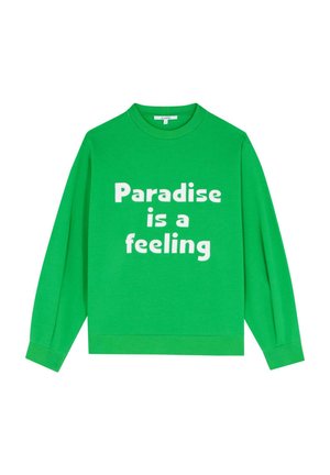 Felpa verde con polsini e orlo a coste. Presenta il testo bianco che recita "Il paradiso è una sensazione" in un carattere audace e giocoso.