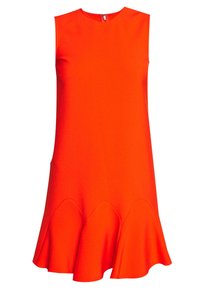 Růžové šaty bez rukávů s kulatým výstřihem, mají rozšířený lem se zvláštními detaily, vyrobené z hladkého, elastického materiálu.