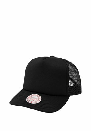 Black trucker cap with mesh back and curved brim, featuring a round white and red adjustable fit sticker on the front of the brim.