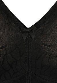 Black lace bra section featuring a V-neck design, textured pattern, and a small satin bow at the center seam. Soft, sheer material.