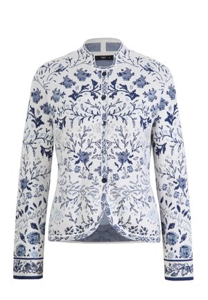Gebreide cardigan in het wit met een marineblauw bloemenpatroon. Heeft lange mouwen, een ronde kraag en voren knoopsluitingen. Gestructureerde stof.