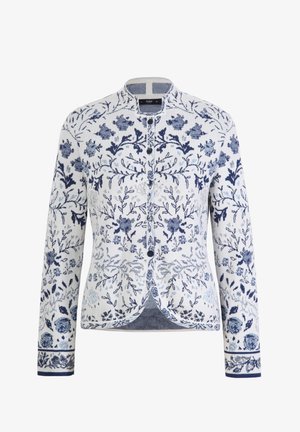 Dziana kardigan w białym kolorze z granatowym wzorem kwiatowym. Posiada długie rękawy, zaokrąglony kołnierz oraz zapięcie na guziki z przodu. Teksturowany materiał.