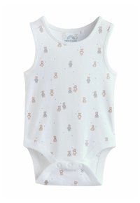 Hvid ærmeløs babybody med trykte bamser i lys brun og blå, med tryklåse i bunden og en blød tekstur.