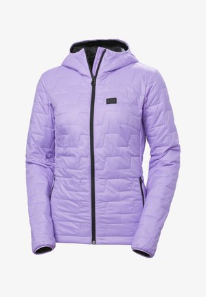 Lichtpaars, gewatteerd jack met een rits aan de voorkant, een capuchon en zwarte accenten. Beschikt over een gestructureerd patroon en zijzakken.