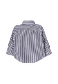 Camicia a maniche lunghe con motivo a righe in blu e bianco. Presenta un colletto e polsini abbottonati, realizzata in tessuto leggero.