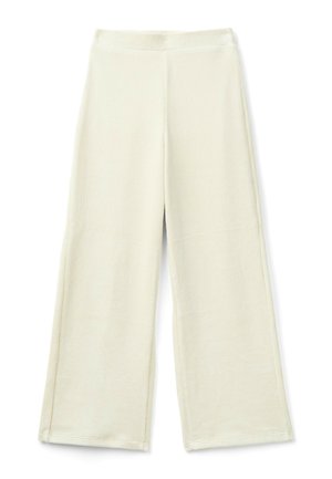 Cremfarbene weit geschnittene Hosen aus weichem Stoff, mit hoher Taille und cleanem Schnitt, die entlang der Kanten sichtbare Nähte aufweisen.