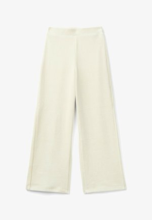 Crème-kleurige wijde broek van zachte stof, met een hoge taille en een strakke snit, voorzien van zichtbare stiksels langs de randen.