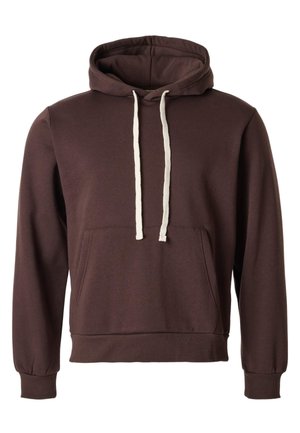 Donkerbruin sweatvest met capuchon, witte trekkoorden, voorzak in kangoeroestijl, geribbelde boorden en zoom, getoond op een effen witte achtergrond.