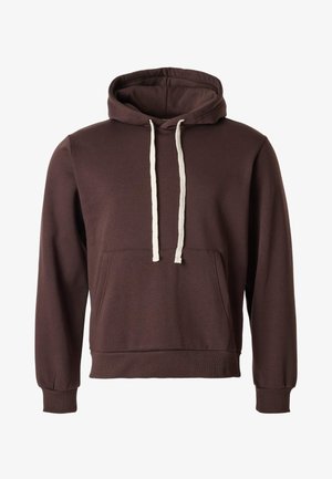 Dunkelbraunes Kapuzen-Sweatshirt mit weißen Kordeln, Kängurutasche vorne, gerippten Bündchen und Saum, dargestellt auf weißem Hintergrund.