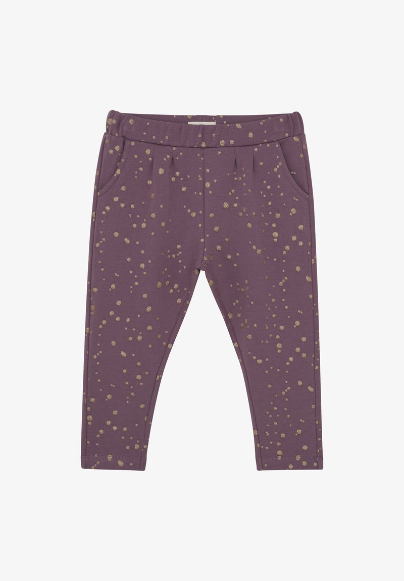 Lila Leggings aus weichem Stoff mit goldenen Punkten, elastischem Bund und seitlichen Taschen. Glatte Textur, schmal zulaufendes Design.