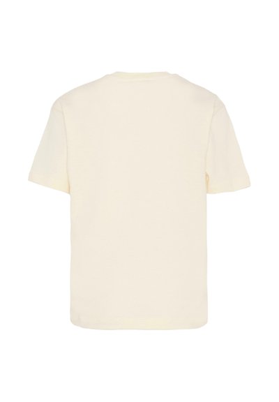 T-shirt di cotone color crema con maniche corte, scollatura rotonda e taglio dritto. Nessuna grafica o decorazioni visibili.