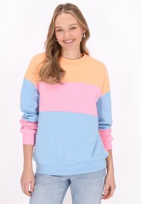 Sweatshirt color-block in pesca, rosa e blu. Presenta un collo tondo e polsini a costine. Tessuto morbido con una vestibilità comoda.