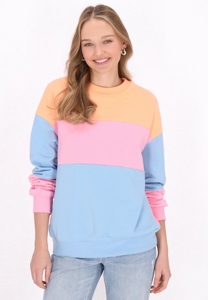 Sweatshirt color-block in pesca, rosa e blu. Presenta un collo tondo e polsini a costine. Tessuto morbido con una vestibilità comoda.