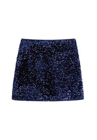 Mørkeblå pailletmini nederdel med en lige skæring, dækket af refleksive pailletter for et struktureret, glitrende udseende.