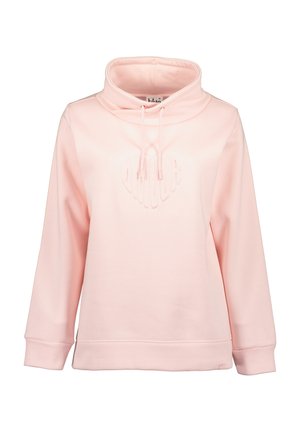 Rosa Kapuzenpullover mit hohem Kragen, Kordelzug und geprägtem Herzlogo auf der Vorderseite. Verfügt über lange Ärmel und einen lässigen Schnitt.