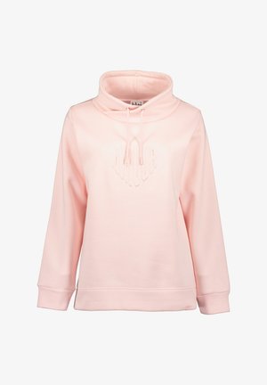 Roze hoodie met een hoge kraag, trekkoord en een reliëf hartlogo aan de voorkant. Heeft lange mouwen en een ontspannen pasvorm.