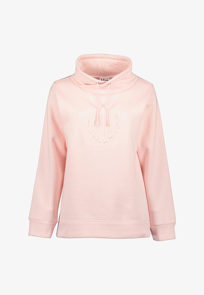 Hoodie rose avec un col montant, un cordon de serrage et un logo en relief en forme de cœur sur le devant. Il possède des manches longues et une coupe décontractée.