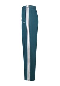 Türkisfarbene Jogginghose mit einem weißen Doppelstreifen an der Seite, elastischem Bund und schlankem Schnitt, aus weichem Baumwollmaterial gefertigt.