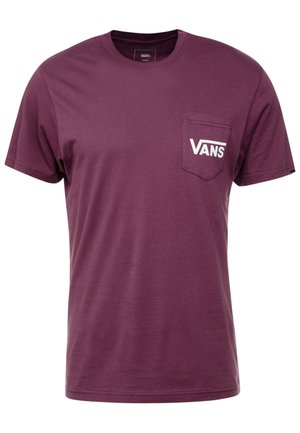 Maglietta semplice a maniche corte color granata con tasca sul petto decorata con il logo bianco del marchio Vans sulla tasca.