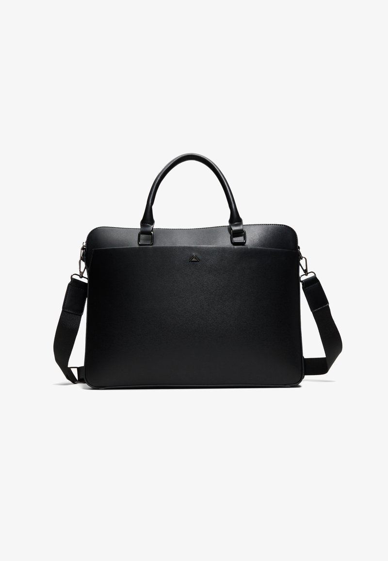Serviette rectangulaire noire en cuir avec double poignée, bandoulière amovible et logo discret sur le devant, présentée sur fond blanc.