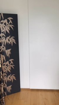 Πτυσσόμενος χωριστής χώρου με μπεζ σχέδιο φύλλων bamboo σε μαύρο φόντο, που στέκεται σε ανοιχτό ξύλινο πάτωμα δίπλα σε λευκό τοίχο.