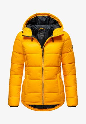 Gul pufferjakke med hætte, med quiltet struktur, sort indvendig foring, frontlynlås og sidelommer.