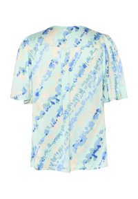 Blusa a maniche corte in un leggero verde menta con motivi astratti blu e pesca. Tessuto liscio e leggero; vestibilità ampia con taglio dritto.