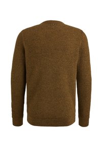 Brauner Strickpullover, strukturierter Stoff, runder Halsausschnitt, lange Ärmel, gerippte Bündchen und Saum. Verfügt über ein kleines Knopfdetail am Hals.