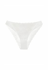 White lace thong with a geometric pattern, featuring a smooth waistband, sheer texture, and scalloped edges. Lightweight and minimal design.
