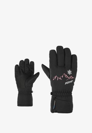 Gants d'hiver noirs avec une broderie de montagne rose et un détail de flocon de neige. Les caractéristiques incluent un poignet ajusté et un matériau imperméable.